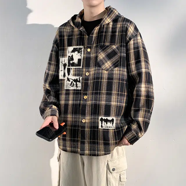 宜而爽 美式复古街头创意人影照片贴画字母印花撞色格纹设计宽松休闲时尚百搭慵懒风舒适透气单排扣长袖连帽开衫衬衫外套 男女同款