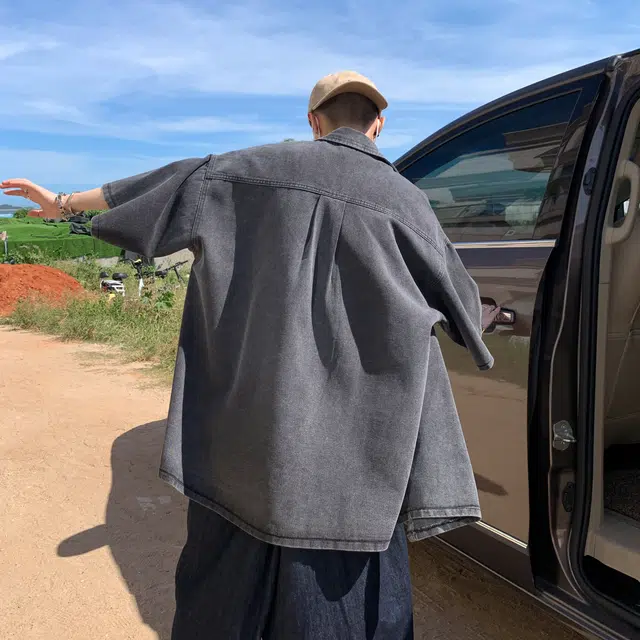 宜而爽 美式复古高街慵懒宽松百搭翻领舒适透气户外运动纯色基础款简约时尚潮流牛仔短袖衬衫 男女同款
