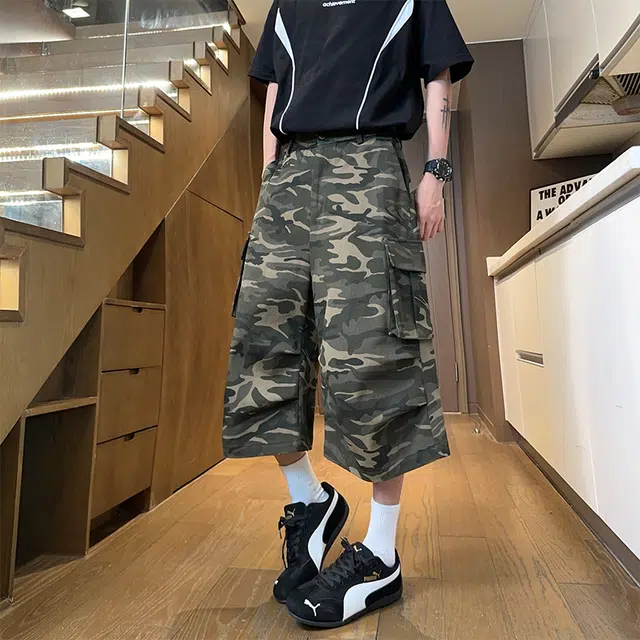 宜而爽 美式复古高街水洗迷彩工装宽松直筒阔腿休闲七分牛仔短裤 男女同款
