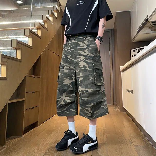 宜而爽 美式复古高街水洗迷彩工装宽松直筒阔腿休闲七分牛仔短裤 男女同款