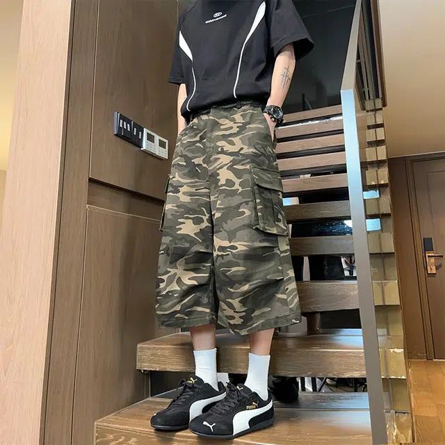 宜而爽 美式复古高街水洗迷彩工装宽松直筒阔腿休闲七分牛仔短裤 男女同款