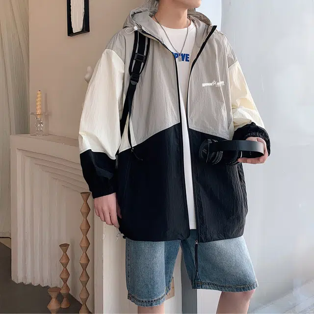 宜而爽 美式潮流复古撞色拼接皮肤衣简约星星品牌字母印花宽松降温户外运动舒适休闲连帽长袖 超轻透气降温凉感防紫外线防晒服 男女同款
