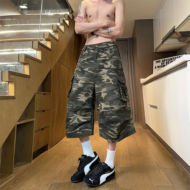 宜而爽 美式复古高街水洗迷彩工装宽松直筒阔腿休闲七分牛仔短裤 男女同款