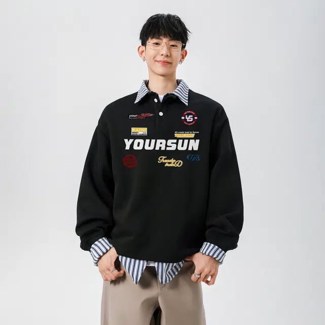 宜而爽 美式复古运动风潮流赛车元素徽章字母印花格子拼接翻领假两件学院风设计感潮牌宽松套头简约通勤休闲保暖舒适长袖卫衣 男女同款