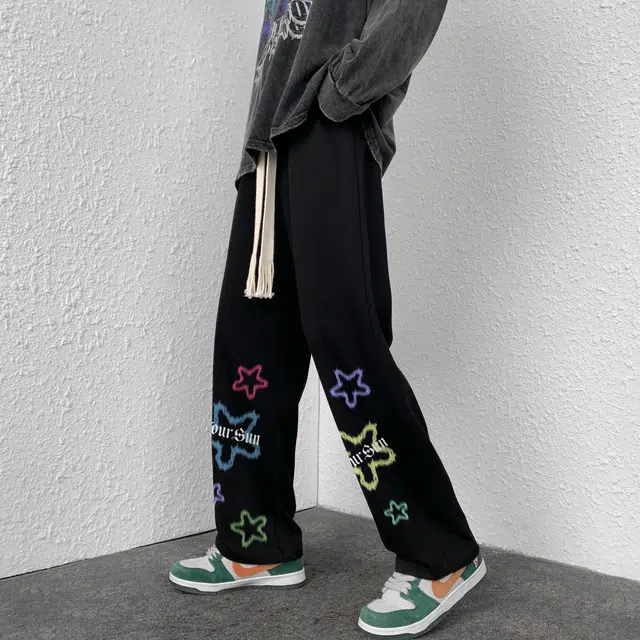宜而爽 美式潮流学院风虚幻多巴胺渐变星星字母印花运动休闲高街日常宽松阔腿直筒显高垂感拖地松紧腰纯色系带篮球针织休闲裤 男女同款