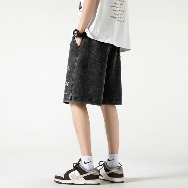 宜而爽 美式复古高街创意爱神天使图案撞色十字星字母印花宽松直筒系带中腰舒适运动五分水洗做旧百搭通勤休闲短裤 男女同款