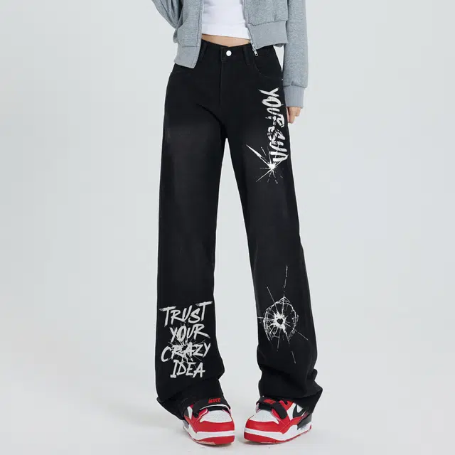 宜而爽 美式高街潮牌蜘蛛网做旧字母涂鸦印花简约柔感不硬舒适亲肤微弹高街中腰直筒通勤休闲百搭水洗做旧复古黄泥牛仔裤 男女同款