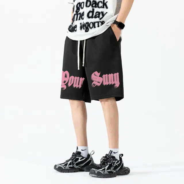 宜而爽 美式复古高街潮牌虚幻模糊个性字母印花青春活力中性风主义基础时尚百搭透气凉感宽松系带跑步五分日常运动休闲短裤 男女同款
