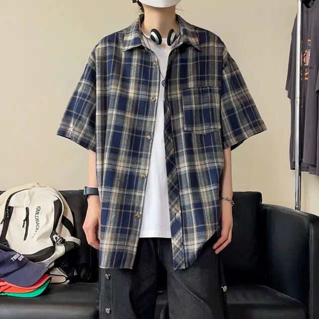 宜而爽 美式潮流复古时尚条纹格子磨毛设计日常简约基础宽松舒适直筒翻领纽扣小衫百搭休闲短袖衬衫 男女同款