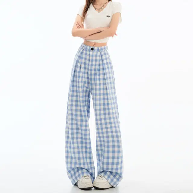 依钗 美式复古格子高腰阔腿垂感时尚休闲裤 女款