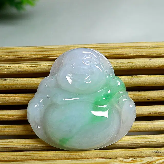 菲燕  精品冰飘绿白底青佛公翡翠佛公吊坠拍卖 糯种 吊坠 男女同款情侣款