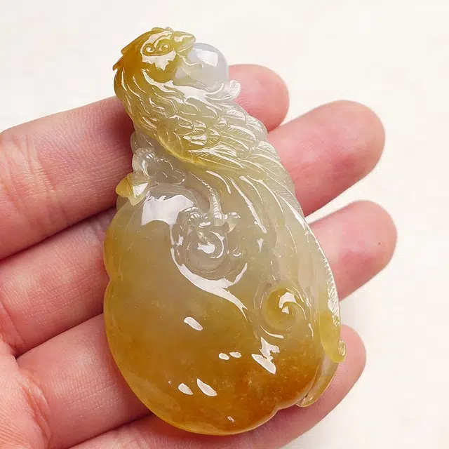菲燕 吉祥如意 缅甸 俏色 冰黄 翡凤凰如意 糯种 翡翠吊坠 男女同款情侣款