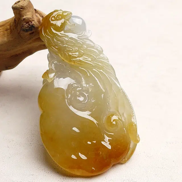 菲燕 吉祥如意 缅甸 俏色 冰黄 翡凤凰如意 糯种 翡翠吊坠 男女同款情侣款