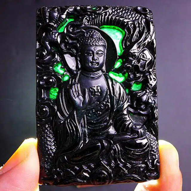 菲燕 墨翠精雕神龙护王 糯种 翡翠吊坠 男女同款情侣款