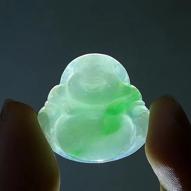 菲燕  精品冰飘绿白底青佛公翡翠佛公吊坠拍卖 糯种 吊坠 男女同款情侣款