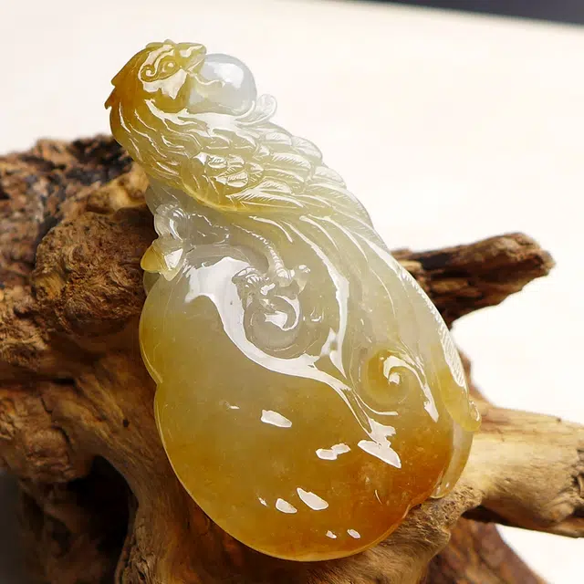 菲燕 吉祥如意 缅甸 俏色 冰黄 翡凤凰如意 糯种 翡翠吊坠 男女同款情侣款