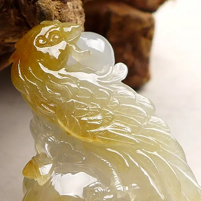 菲燕 吉祥如意 缅甸 俏色 冰黄 翡凤凰如意 糯种 翡翠吊坠 男女同款情侣款