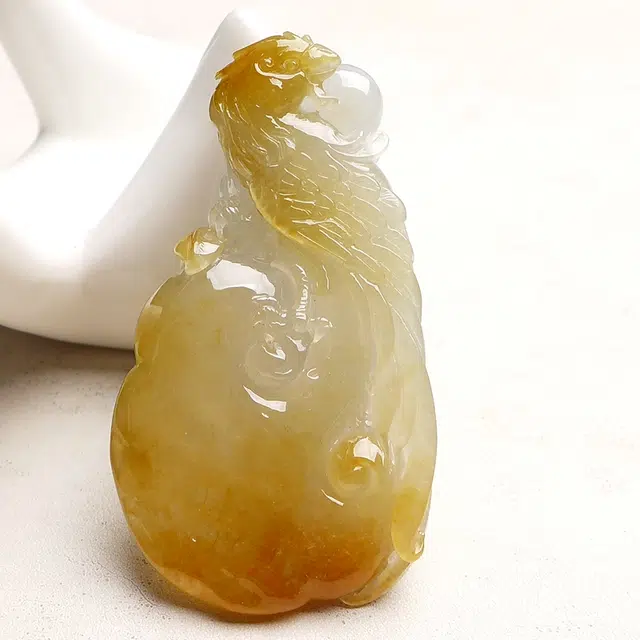 菲燕 吉祥如意 缅甸 俏色 冰黄 翡凤凰如意 糯种 翡翠吊坠 男女同款情侣款