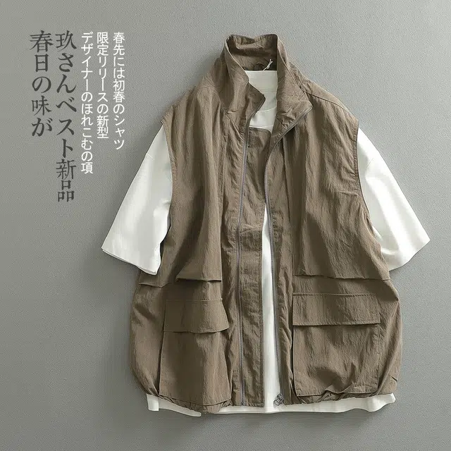 见川 日系复古工装风立领机能马甲 男款