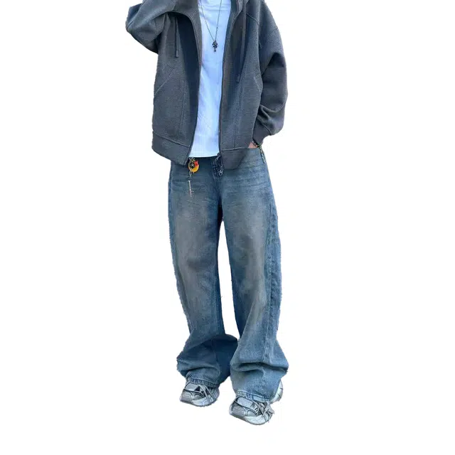 见川 韩系阔腿弯刀潮流牛仔裤 男款 蓝色