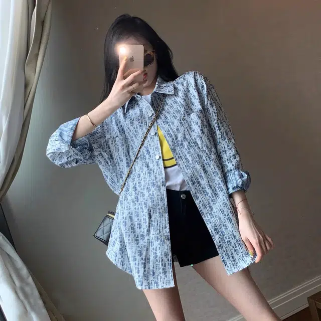 一碗士多 小香风提花满印美式高街复古宽松百搭长袖潮牌上衣衬衫 男女同款