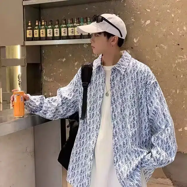 一碗士多 小香风提花满印美式高街复古宽松百搭长袖潮牌上衣衬衫 男女同款