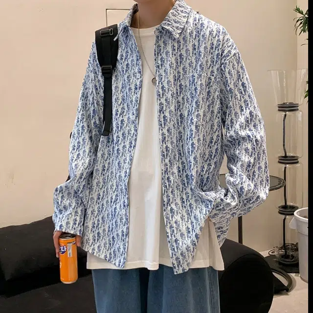 一碗士多 小香风提花满印美式高街复古宽松百搭长袖潮牌上衣衬衫 男女同款