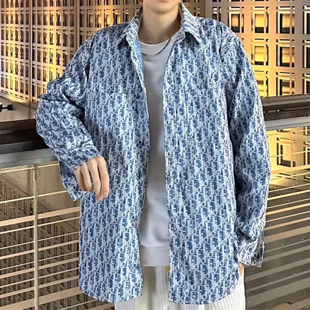 一碗士多 小香风提花满印美式高街复古宽松百搭长袖潮牌上衣衬衫 男女同款