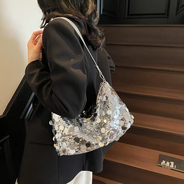 凡思曼 高级质感时尚印花百搭托特腋下包 亮片 斜挎单肩包 女款 银色/黑色/金色