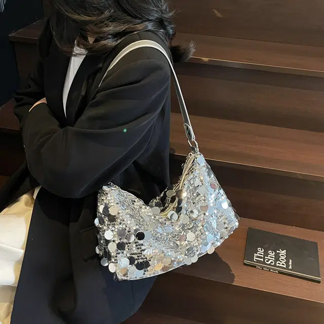 凡思曼 高级质感时尚印花百搭托特腋下包 亮片 斜挎单肩包 女款 银色/黑色/金色