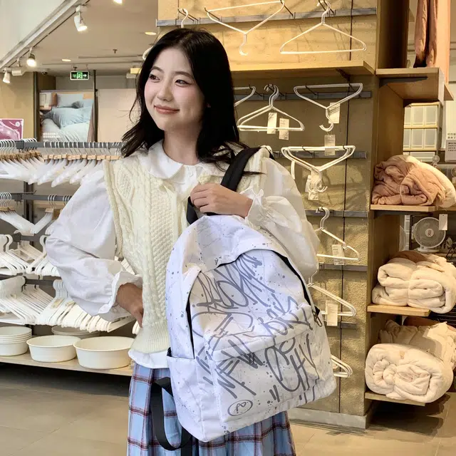 凡思曼 高级通勤百搭 防水布 双肩包 中号 女款 粉色/蓝色/灰色
