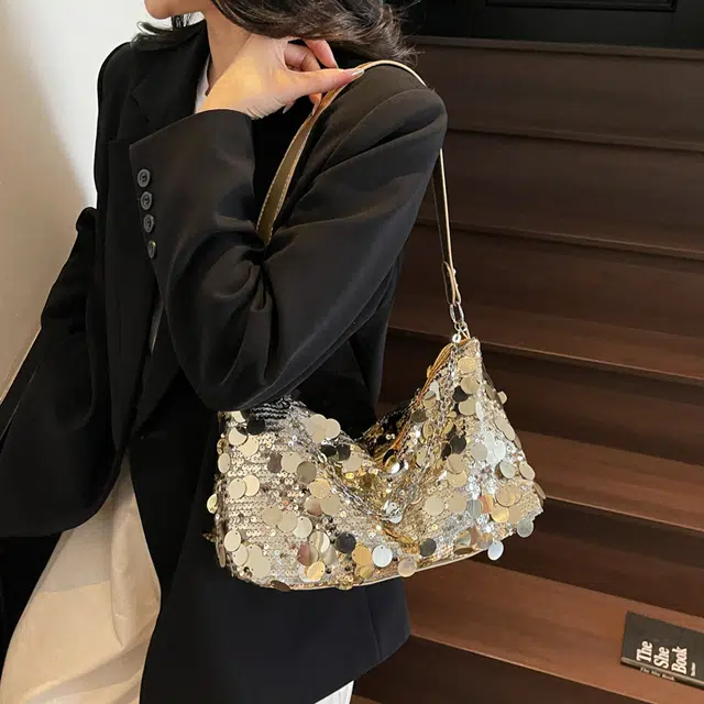 凡思曼 高级质感时尚印花百搭托特腋下包 亮片 斜挎单肩包 女款 银色/黑色/金色