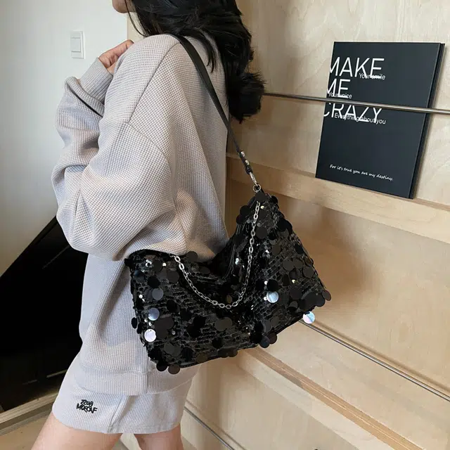 凡思曼 高级质感时尚印花百搭托特腋下包 亮片 斜挎单肩包 女款 银色/黑色/金色