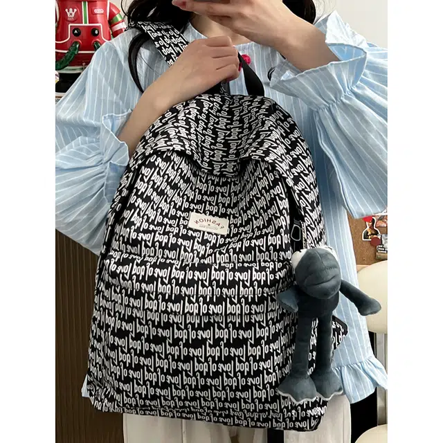 凡思曼 印花字母时尚潮流背包防泼水街头潮流 尼龙 双肩包 女款 黑色