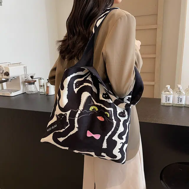 凡思曼 高级感条纹简约时尚大容量通勤 帆布 帆布包单肩包 大号 女款 黑色