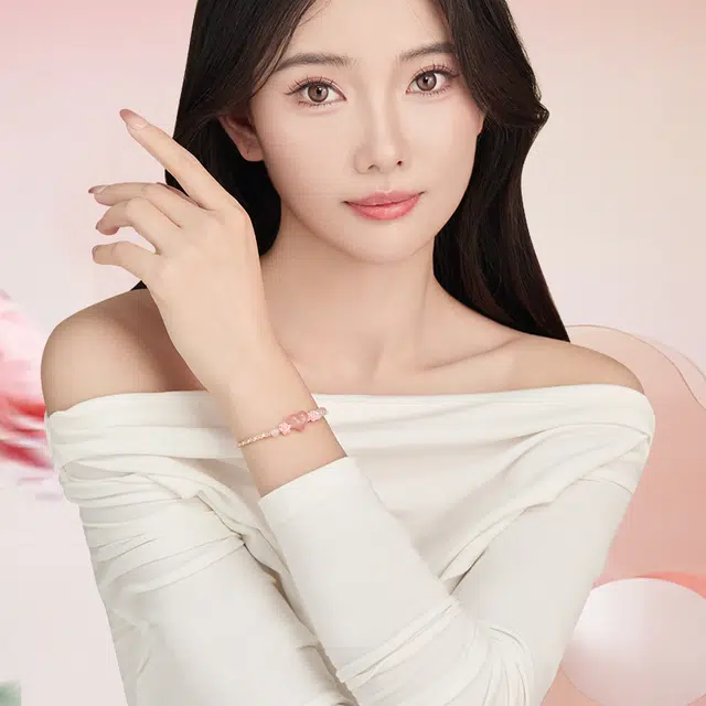 中鑫珠宝 爱心织梦 粉色桃花编绳桃心 玛瑙 玉石手链 女