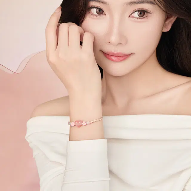 中鑫珠宝 爱心织梦 粉色桃花编绳桃心 玛瑙 玉石手链 女