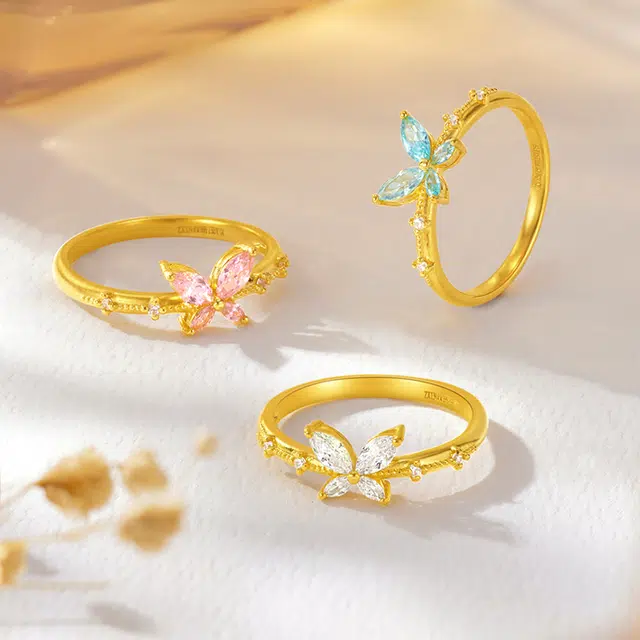 中鑫珠宝 花影蝶踪蝴蝶小众设计感#好运 足金 按克计价 黄金戒指 女款