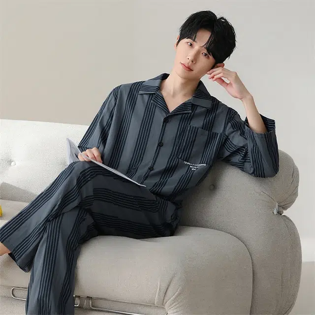 轻迎 春秋纯棉长袖长裤条纹时尚简约休闲外穿睡衣套装 男款