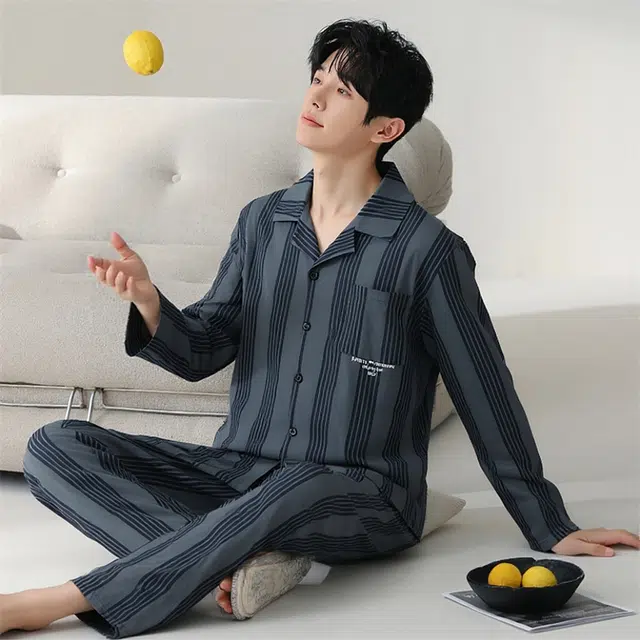 轻迎 春秋纯棉长袖长裤条纹时尚简约休闲外穿睡衣套装 男款