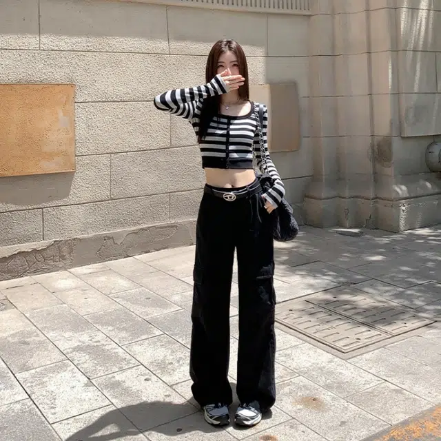 木清清 纯色高腰宽松工装裤 女款 黑色