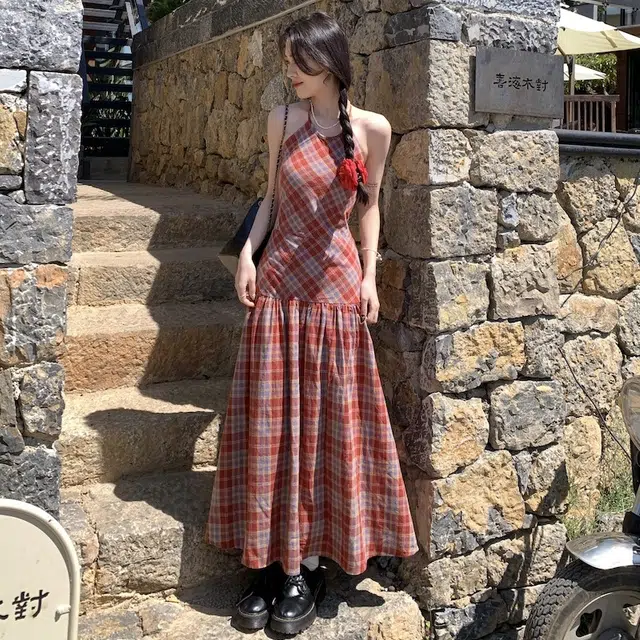 木清清 休闲简约格子套头长款无袖连衣裙 女款 红色
