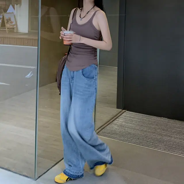 木清清 复古高腰宽松阔腿牛仔裤 女款 蓝色