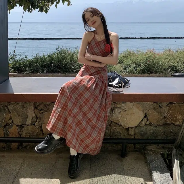 木清清 休闲简约格子套头长款无袖连衣裙 女款 红色