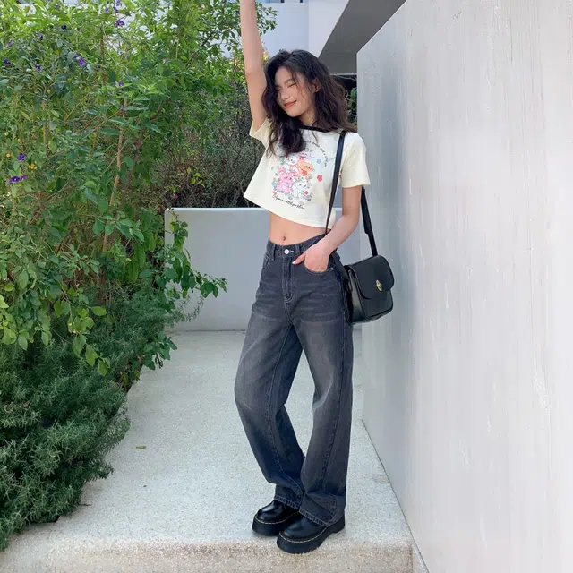 木清清 复古高腰宽松阔腿长裤牛仔裤 女款 黑灰色