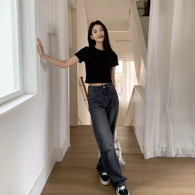 木清清 复古高腰宽松阔腿长裤牛仔裤 女款 黑灰色