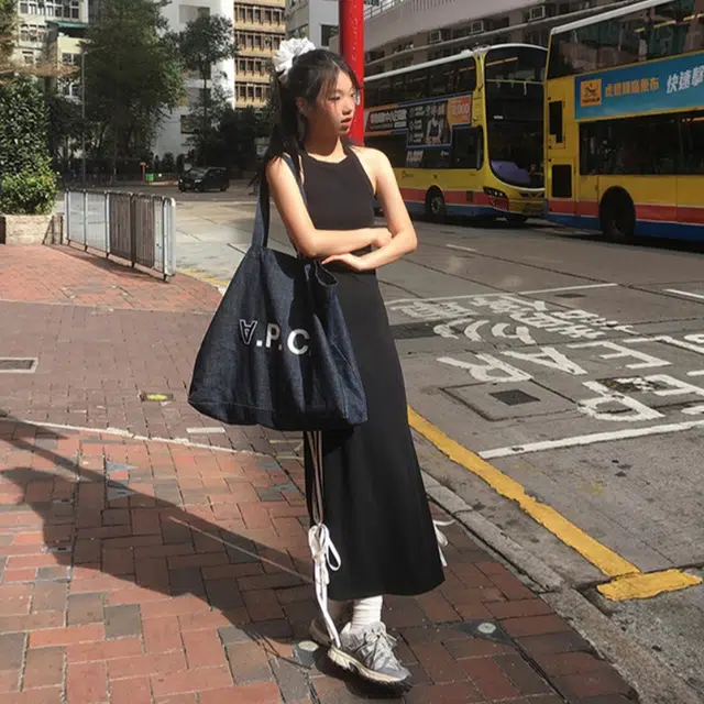 木清清 拼色圆领侧边系带设计无袖连衣裙 女款 黑色