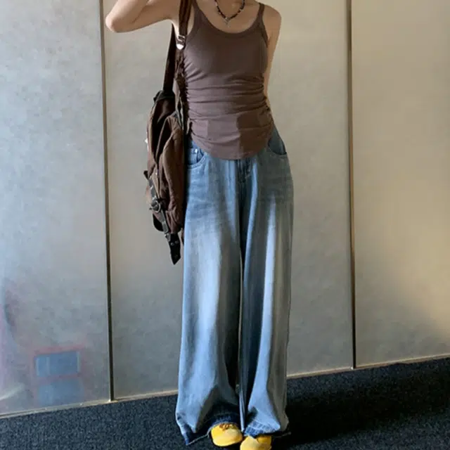 木清清 复古高腰宽松阔腿牛仔裤 女款 蓝色