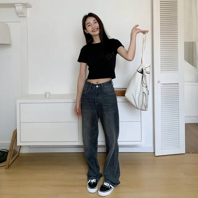 木清清 复古高腰宽松阔腿长裤牛仔裤 女款 黑灰色