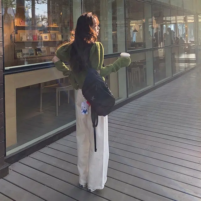 木清清 垂感高腰纯色拉链直筒休闲裤 女款 白色